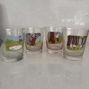 Vintage 1970s Set of 4 Ashby Humor Golf Cartoon Highball Bourbon Glasses Barware